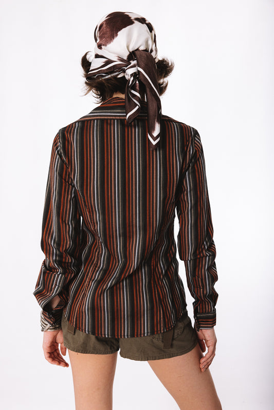 Brown and orange striped teacher shirt