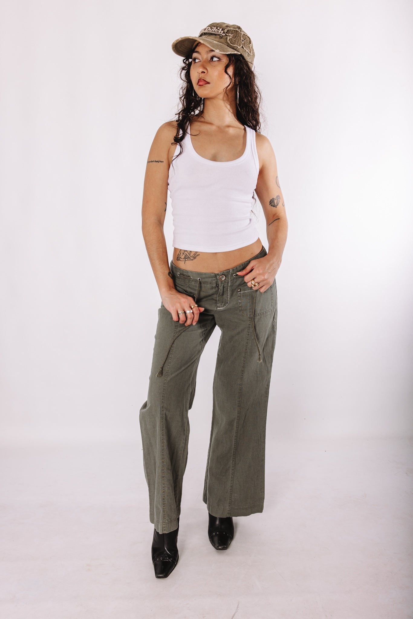Low-rise khaki cargo-style trousers