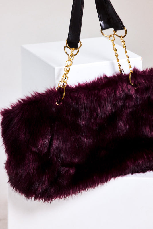 Burgundy Faux Fur Chain Shoulder Bag