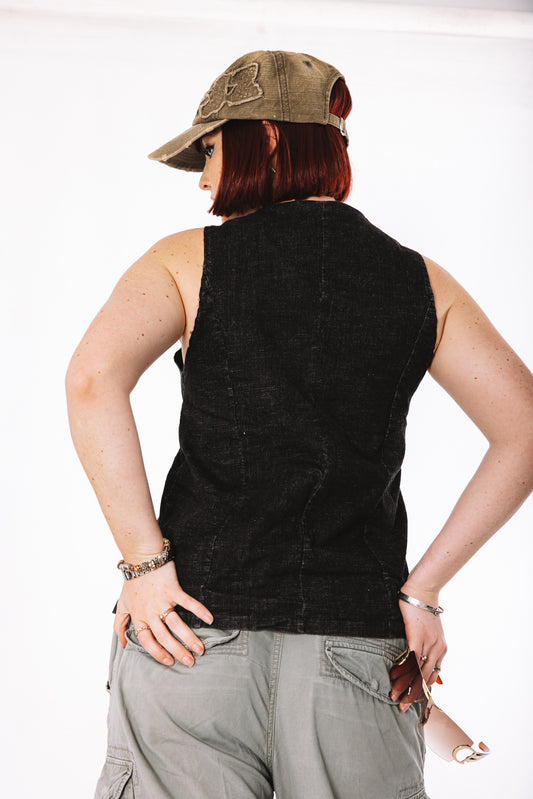 Black denim asymmetrical sleeveless vest