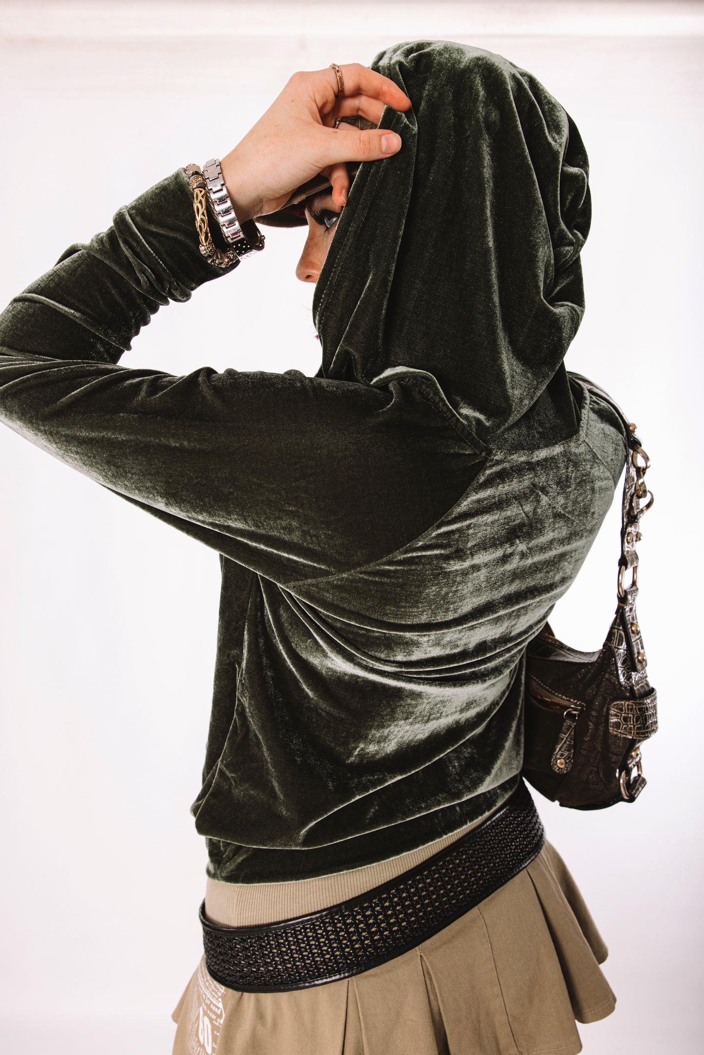 Olive green velvet zip-up hoodie