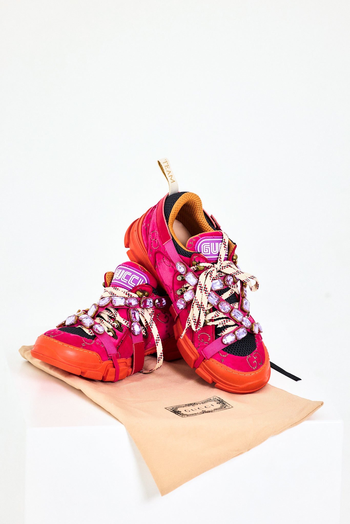 Gucci-Inspired Crystal Trek Sneakers - Pink / Orange