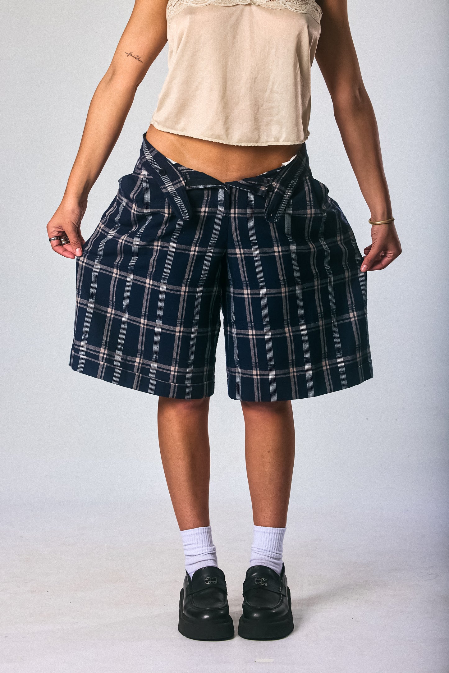 Low-Ride Plaid Bermudas