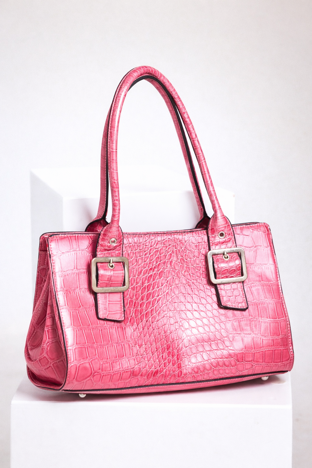 Vintage Pink Croc-Embossed Shoulder Bag