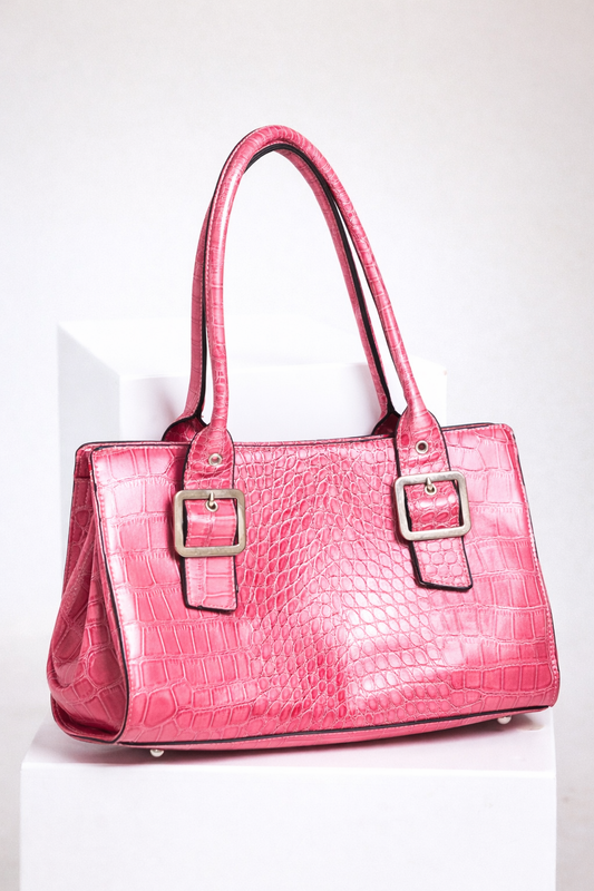 Vintage Pink Croc-Embossed Shoulder Bag