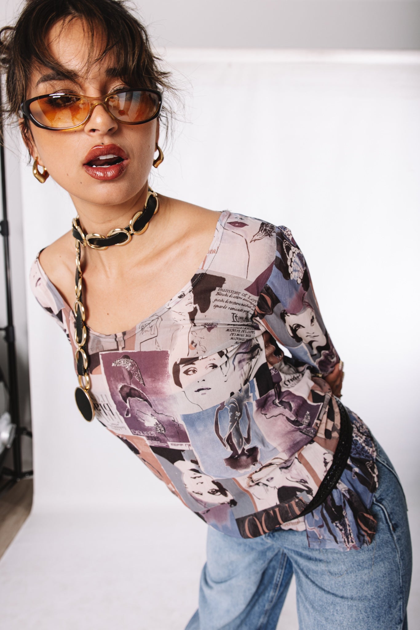 Y2K magazine print mesh top