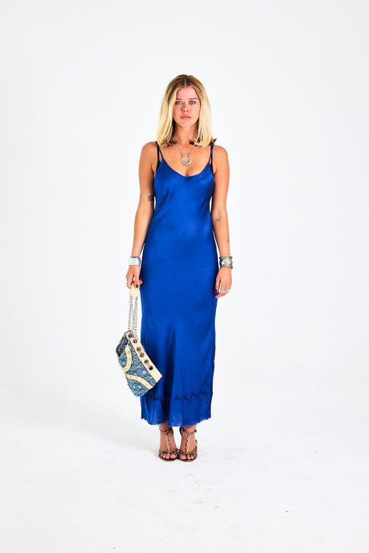 Cobalt Blue Satin Slip Midi Dress