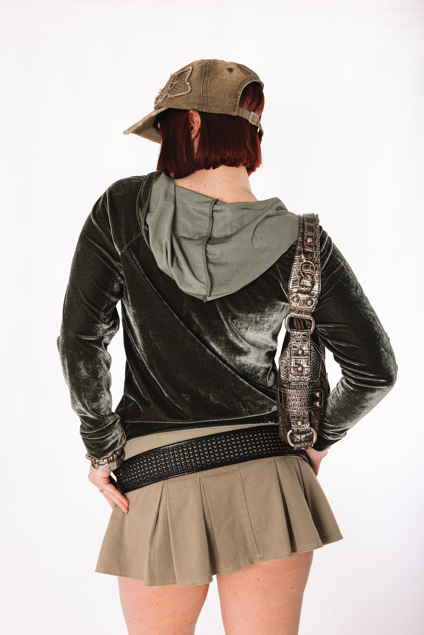 Olive green velvet zip-up hoodie
