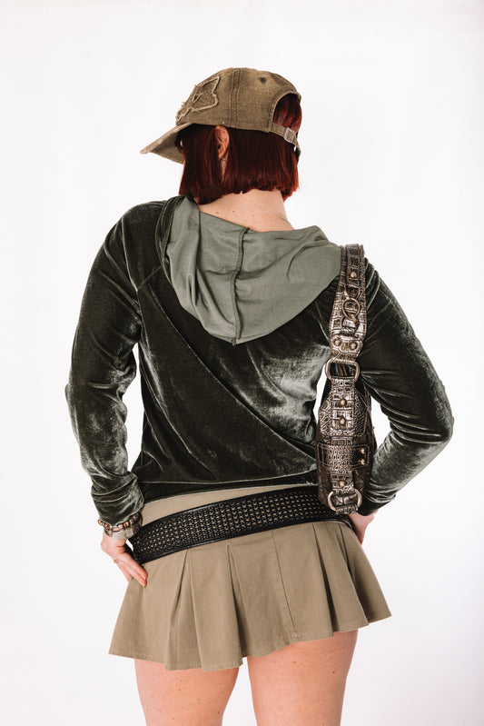 Olive green velvet zip-up hoodie