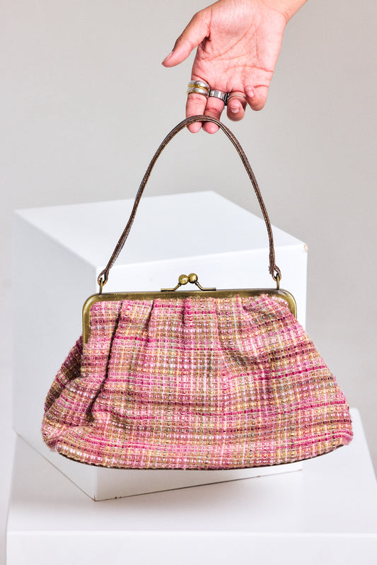 Vintage Pink Tweed Clasp Handbag