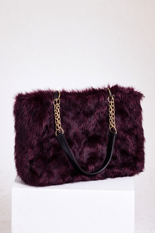 Burgundy Faux Fur Chain Shoulder Bag
