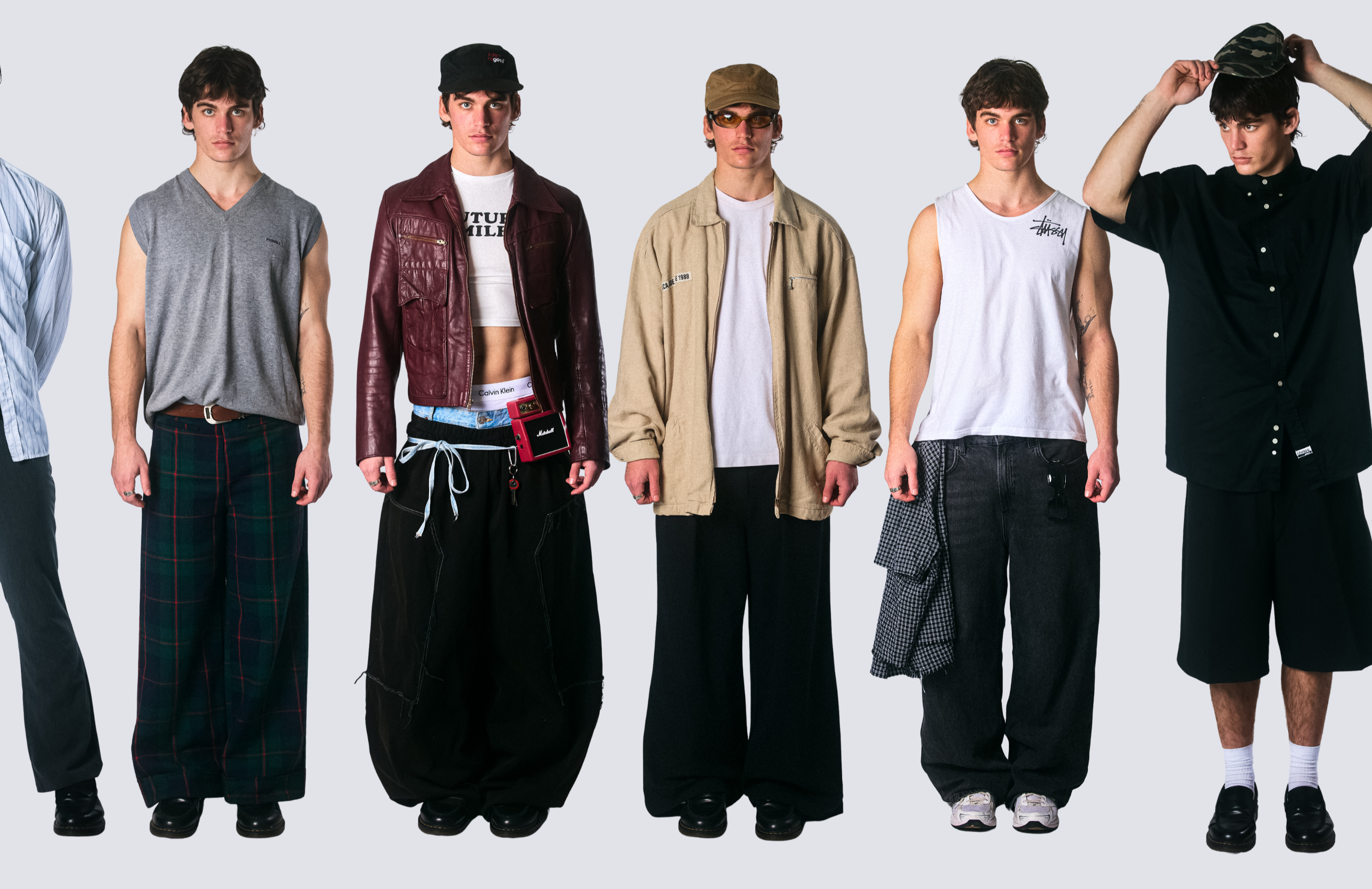 Six people wearing different outfits on a white background