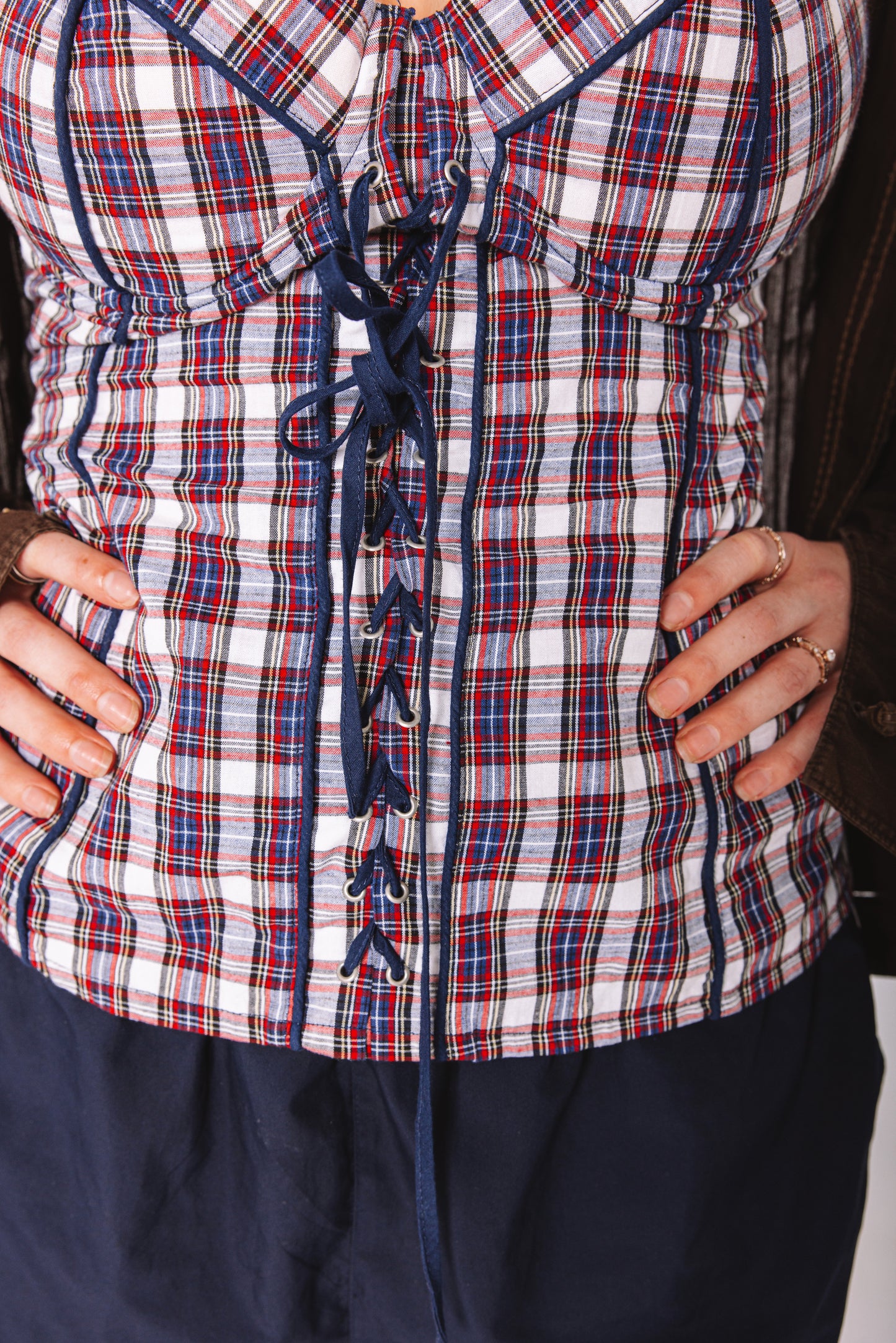 Plaid lace-up corset top
