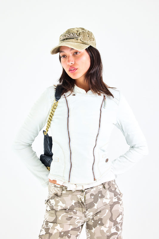 Light Blue Fitted Denim Jacket - Zip Detail