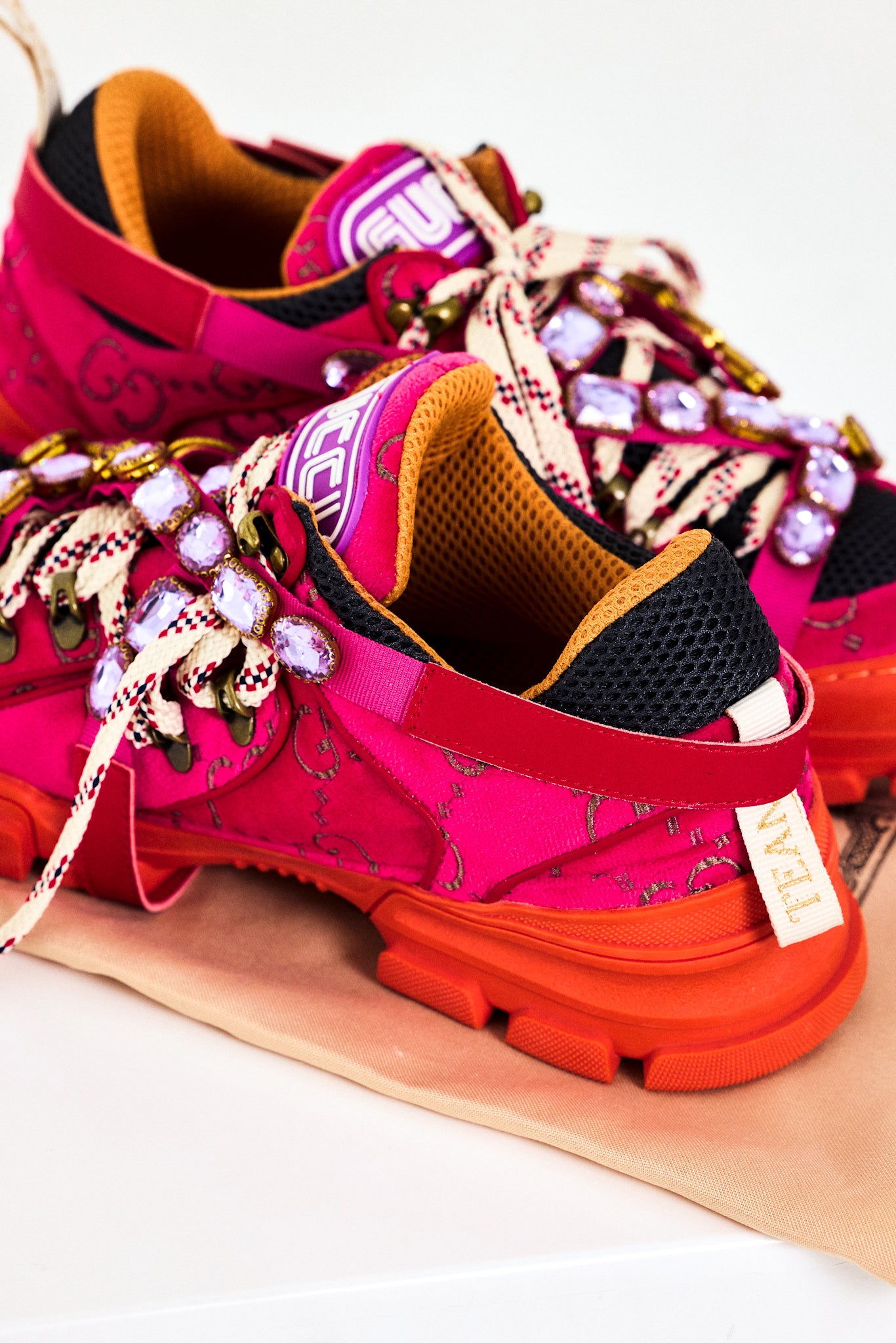 Gucci-Inspired Crystal Trek Sneakers - Pink / Orange