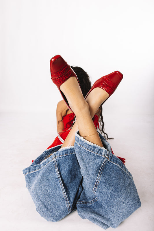 90s red croc-embossed heels