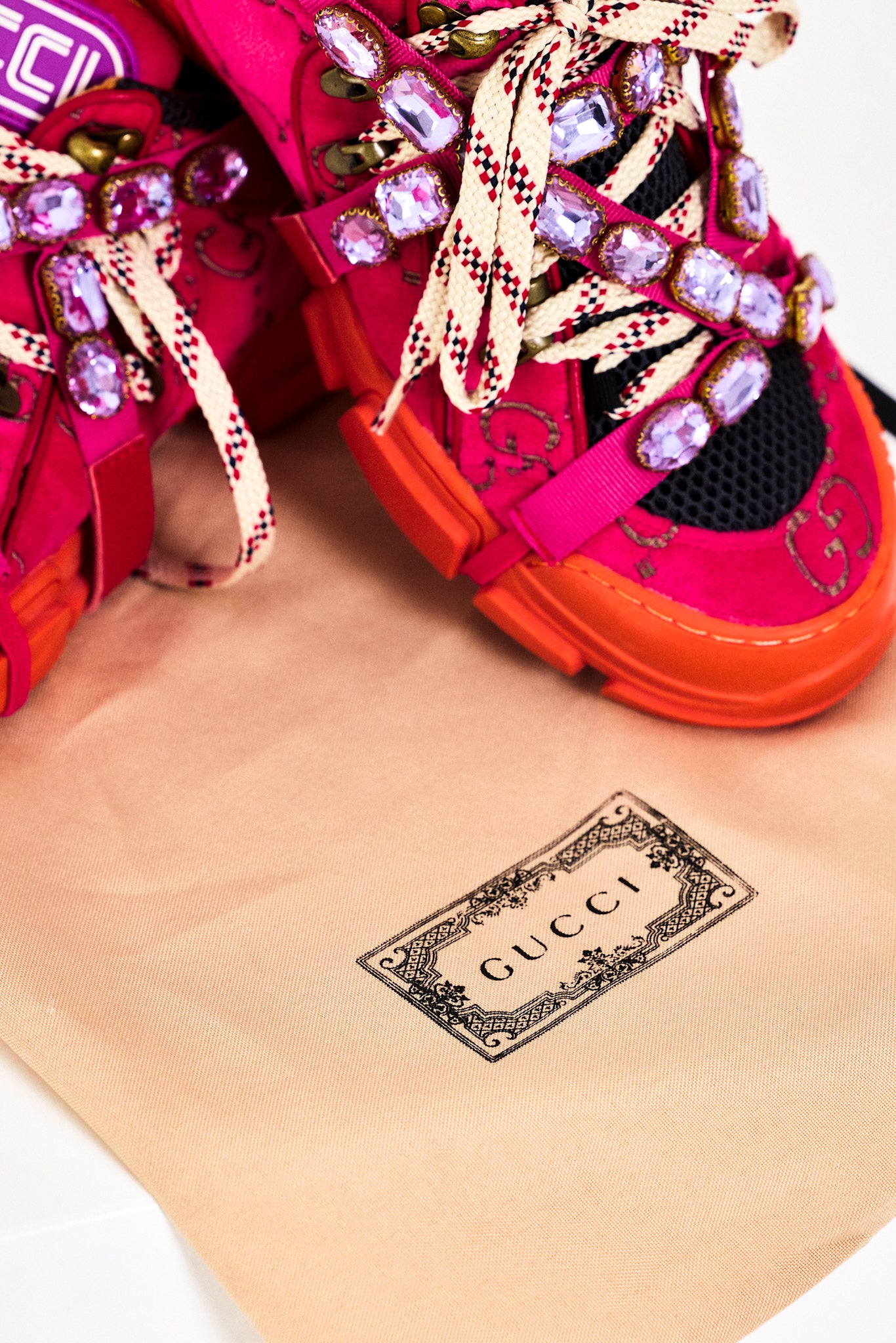 Gucci-Inspired Crystal Trek Sneakers - Pink / Orange