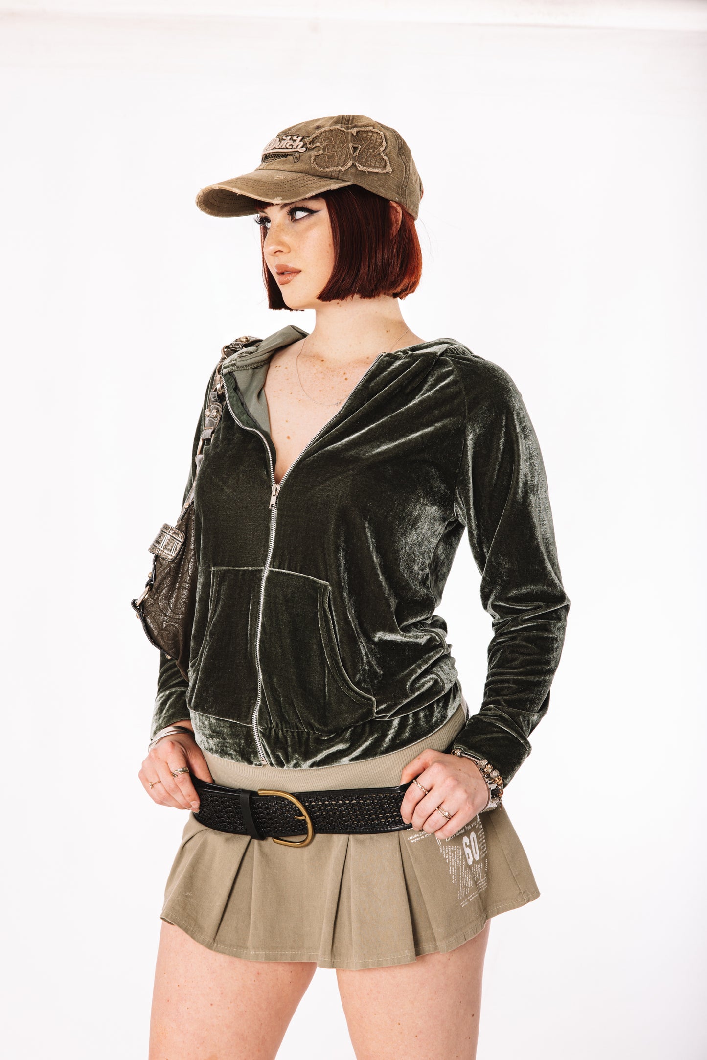 Olive green velvet zip-up hoodie