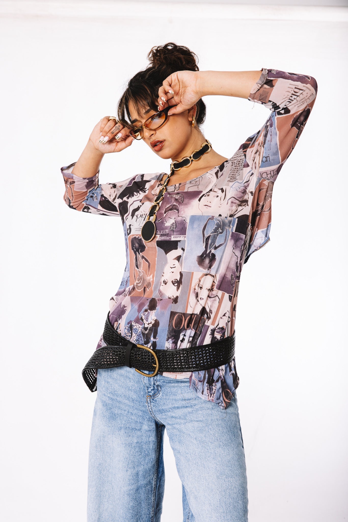Y2K magazine print mesh top