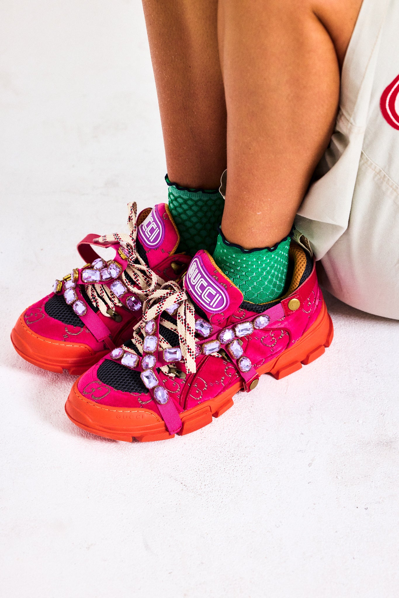 Gucci-Inspired Crystal Trek Sneakers - Pink / Orange