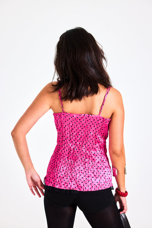 Vintage Y2K Hot Pink Polka Dot Lace Camisole Top