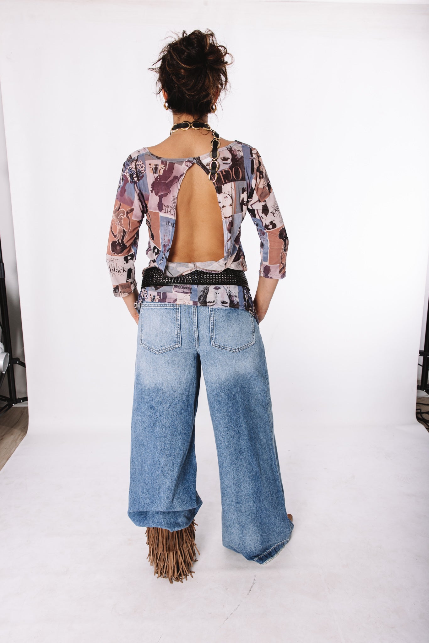 Y2K magazine print mesh top